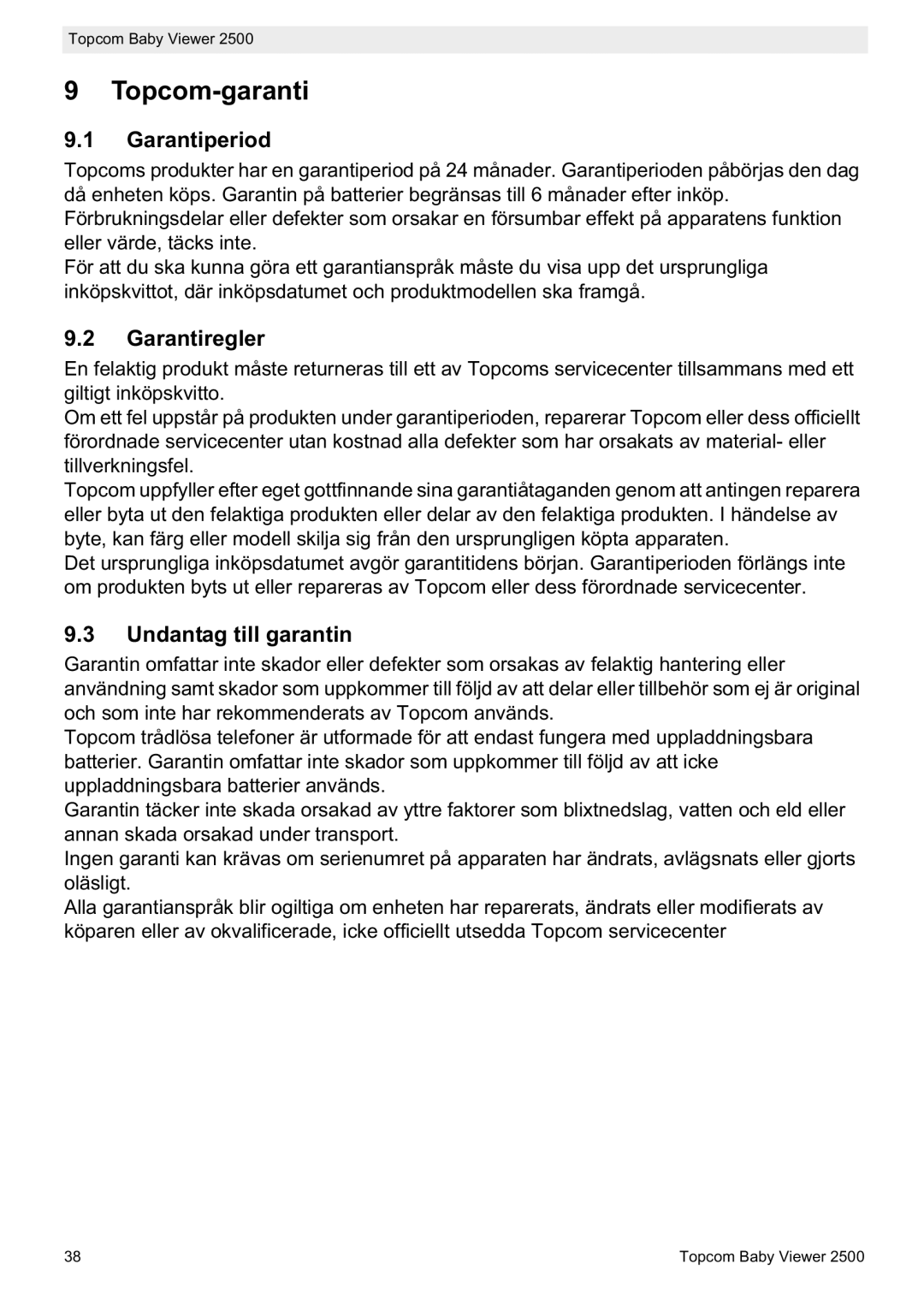 Topcom 2500 manual do utilizador Topcom-garanti, Garantiperiod, Garantiregler, Undantag till garantin 