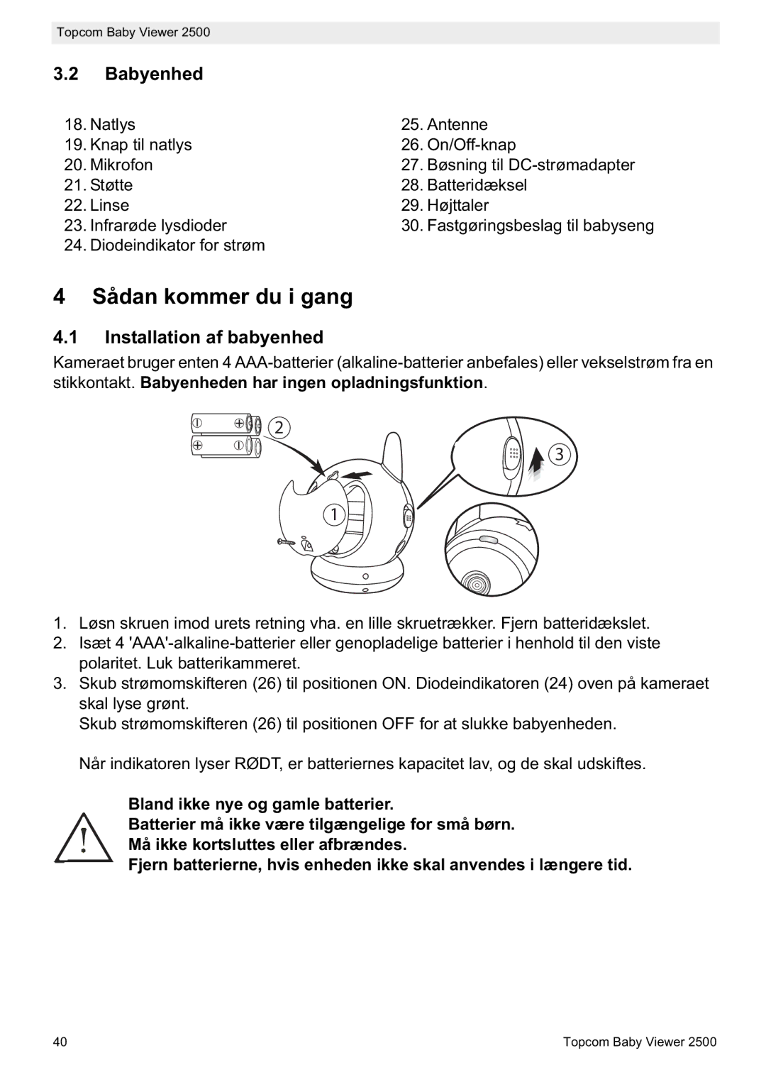 Topcom 2500 manual do utilizador Sådan kommer du i gang, Babyenhed, Installation af babyenhed 