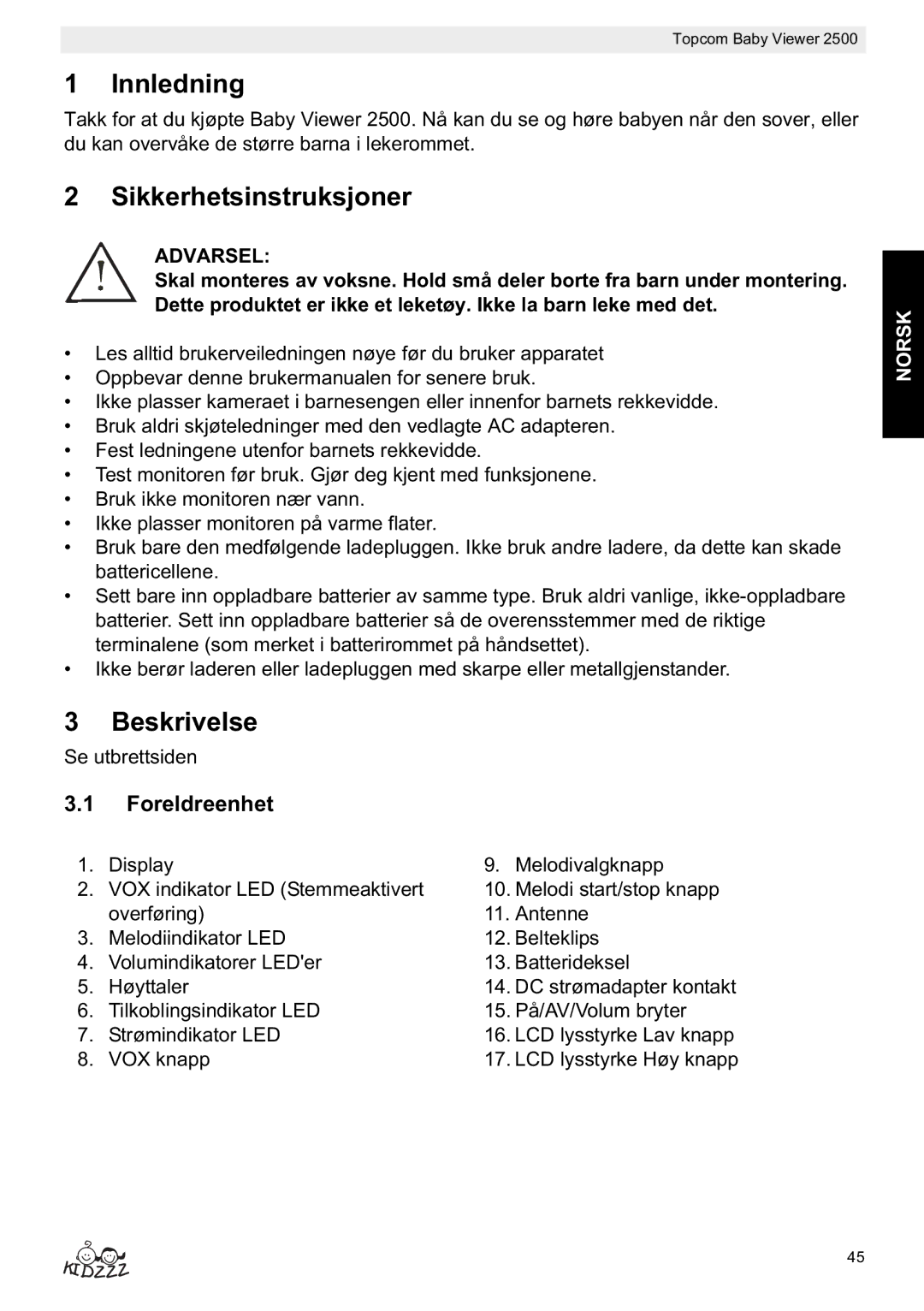 Topcom 2500 manual do utilizador Innledning, Sikkerhetsinstruksjoner, Foreldreenhet 