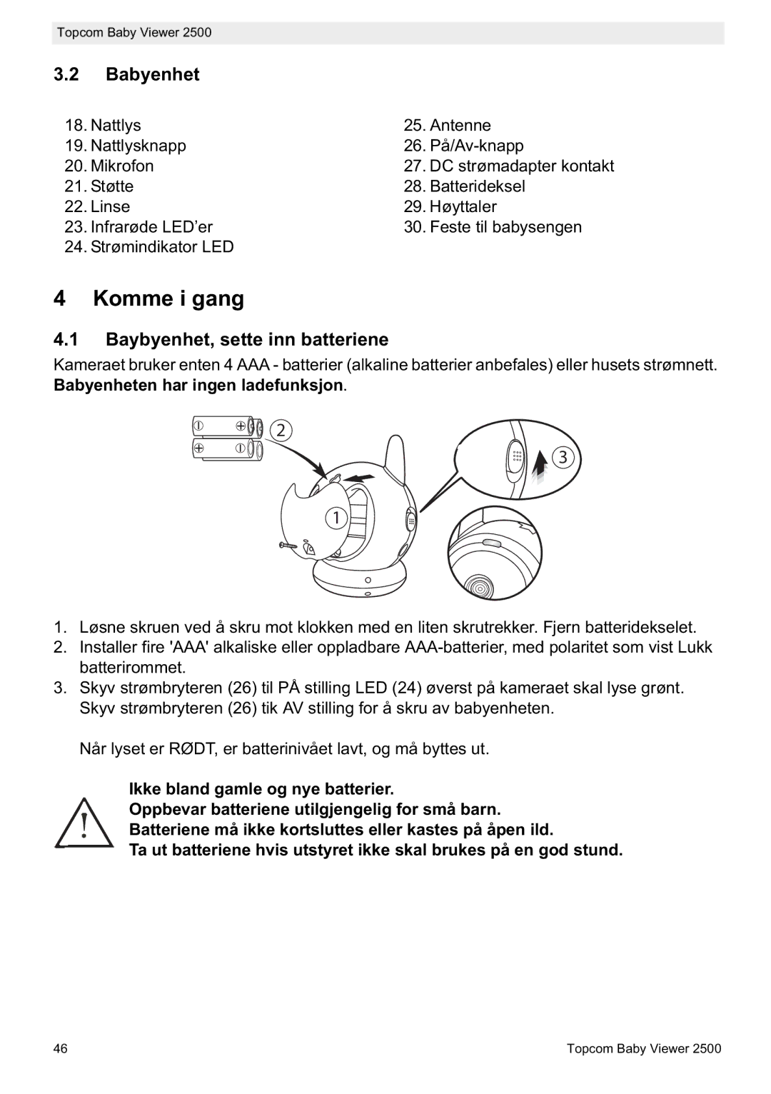 Topcom 2500 manual do utilizador Komme i gang, Baybyenhet, sette inn batteriene 