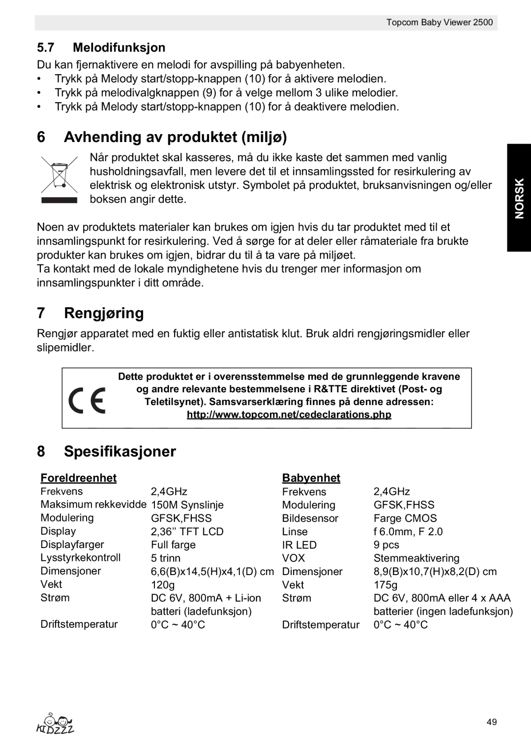 Topcom 2500 Avhending av produktet miljø, Rengjøring, Spesifikasjoner, Melodifunksjon, Foreldreenhet Babyenhet 