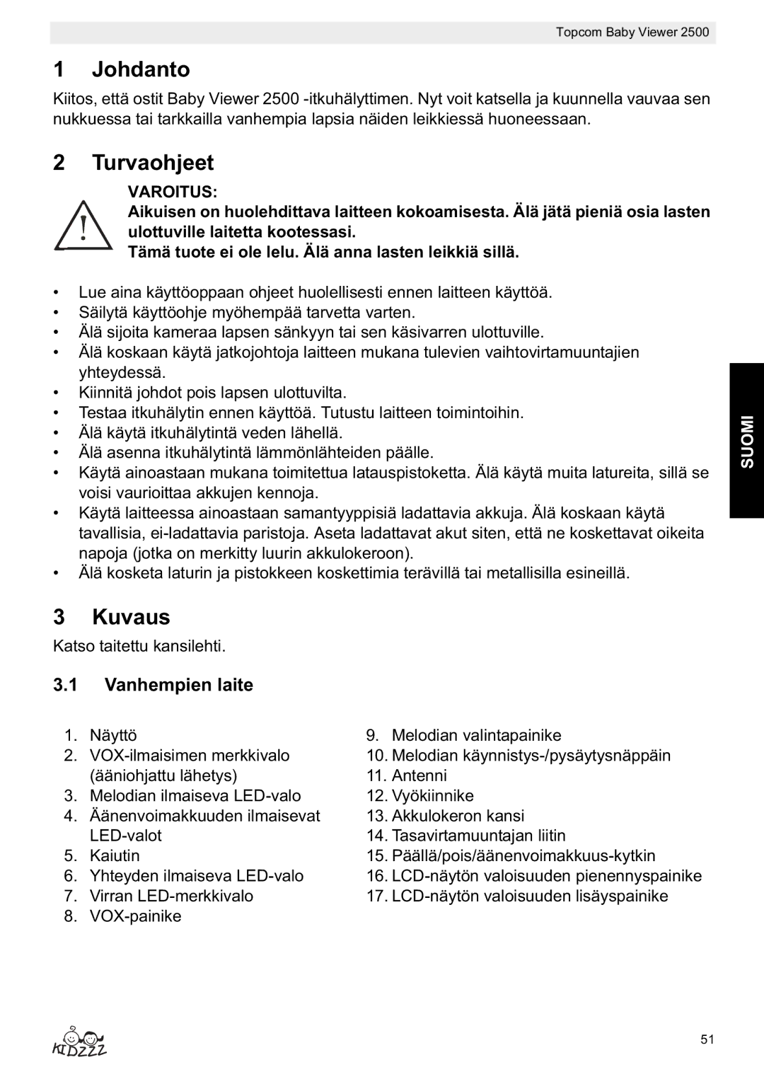 Topcom 2500 manual do utilizador Johdanto, Turvaohjeet, Kuvaus, Vanhempien laite, Varoitus 