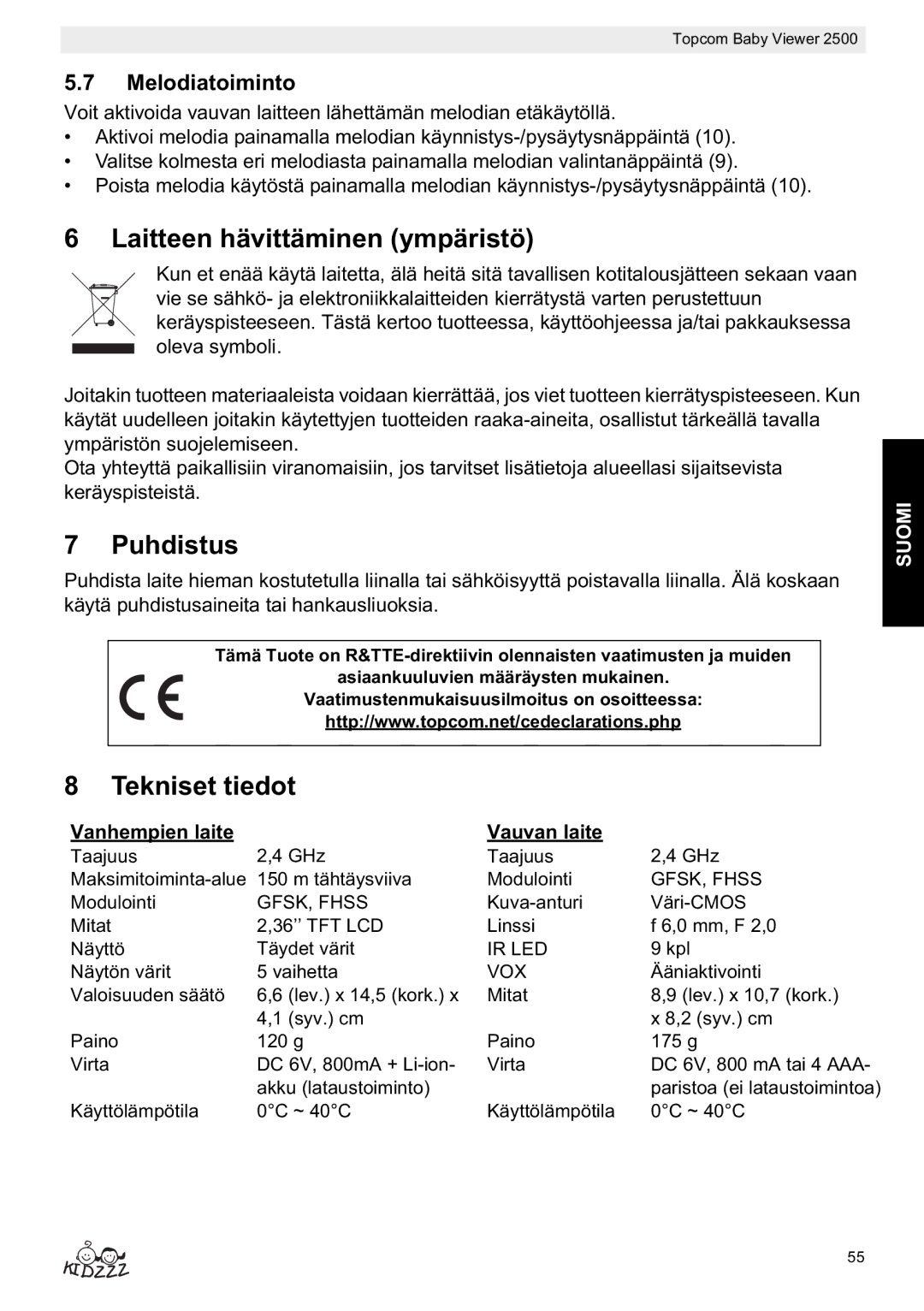 Topcom 2500 manual do utilizador Laitteen hävittäminen ympäristö, Puhdistus, Tekniset tiedot, Melodiatoiminto 