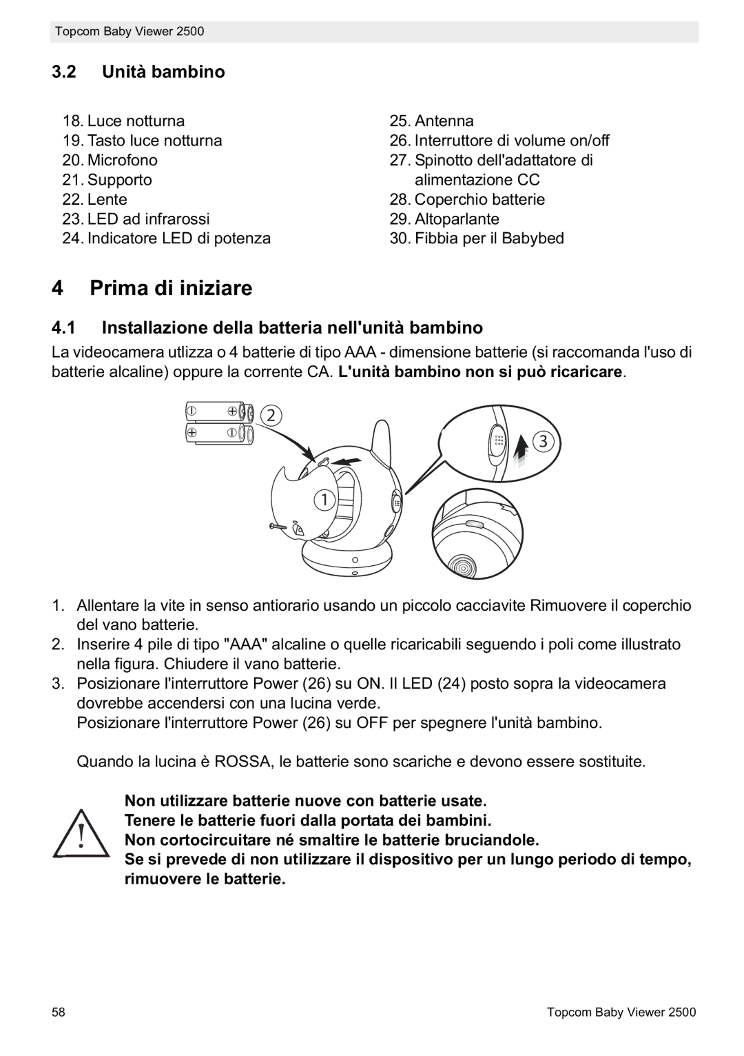 Topcom 2500 manual do utilizador Prima di iniziare, Unità bambino, Installazione della batteria nellunità bambino 