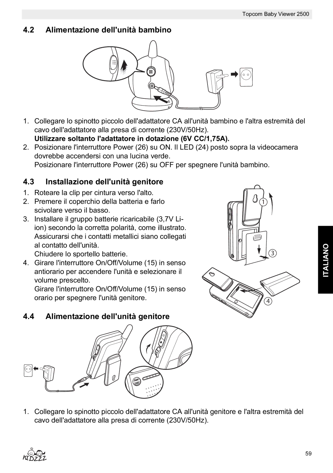 Topcom 2500 Alimentazione dellunità bambino, Installazione dellunità genitore, Alimentazione dellunità genitore 