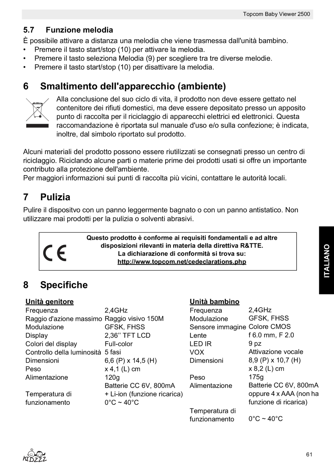 Topcom 2500 manual do utilizador Smaltimento dellapparecchio ambiente, Pulizia, Specifiche, Funzione melodia 