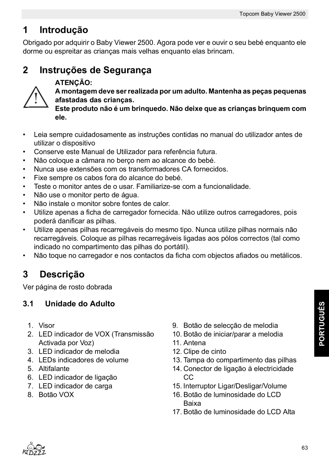 Topcom 2500 manual do utilizador Introdução, Instruções de Segurança, Descrição, Unidade do Adulto, Atenção 