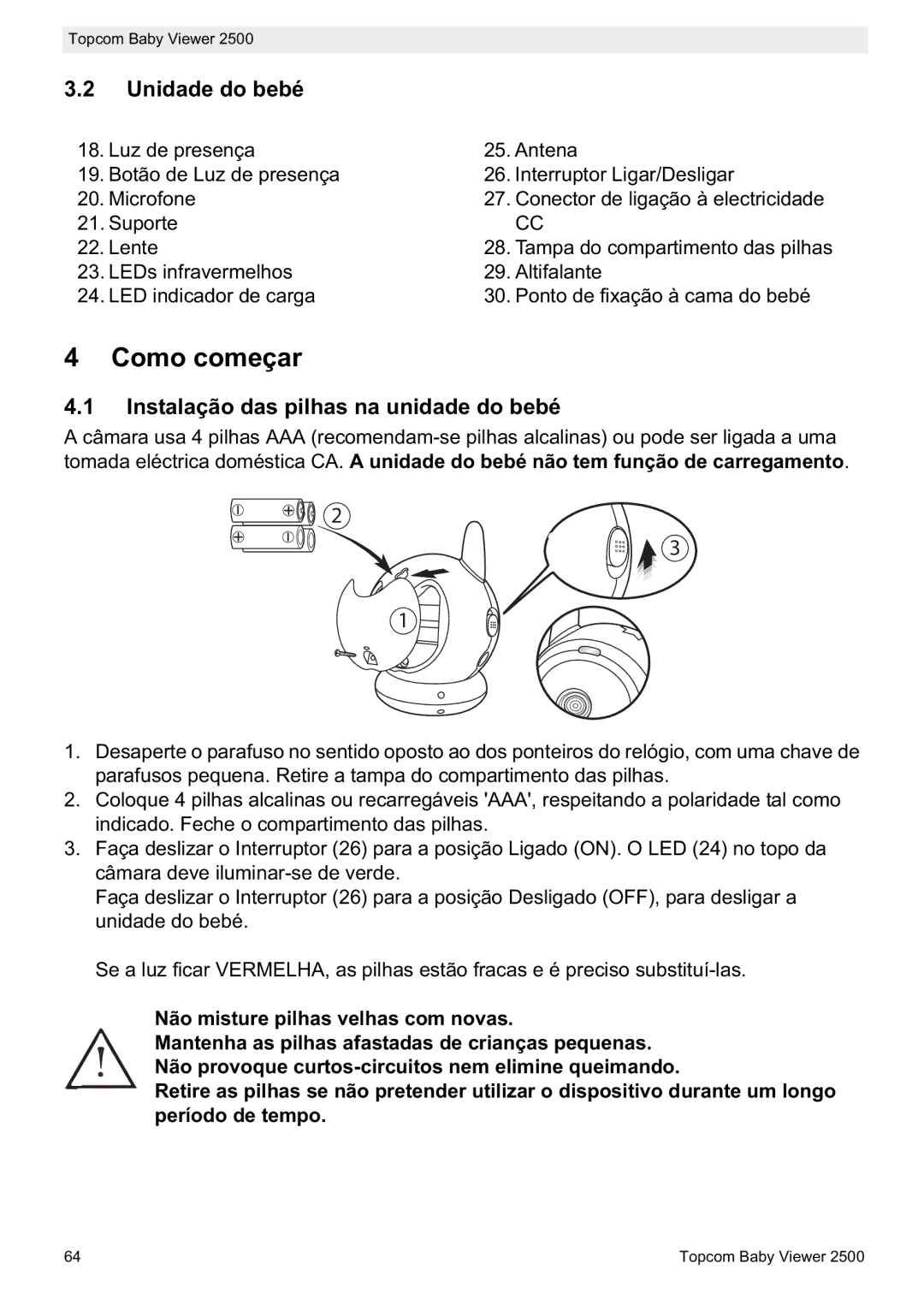 Topcom 2500 manual do utilizador Como começar, Unidade do bebé, Instalação das pilhas na unidade do bebé 