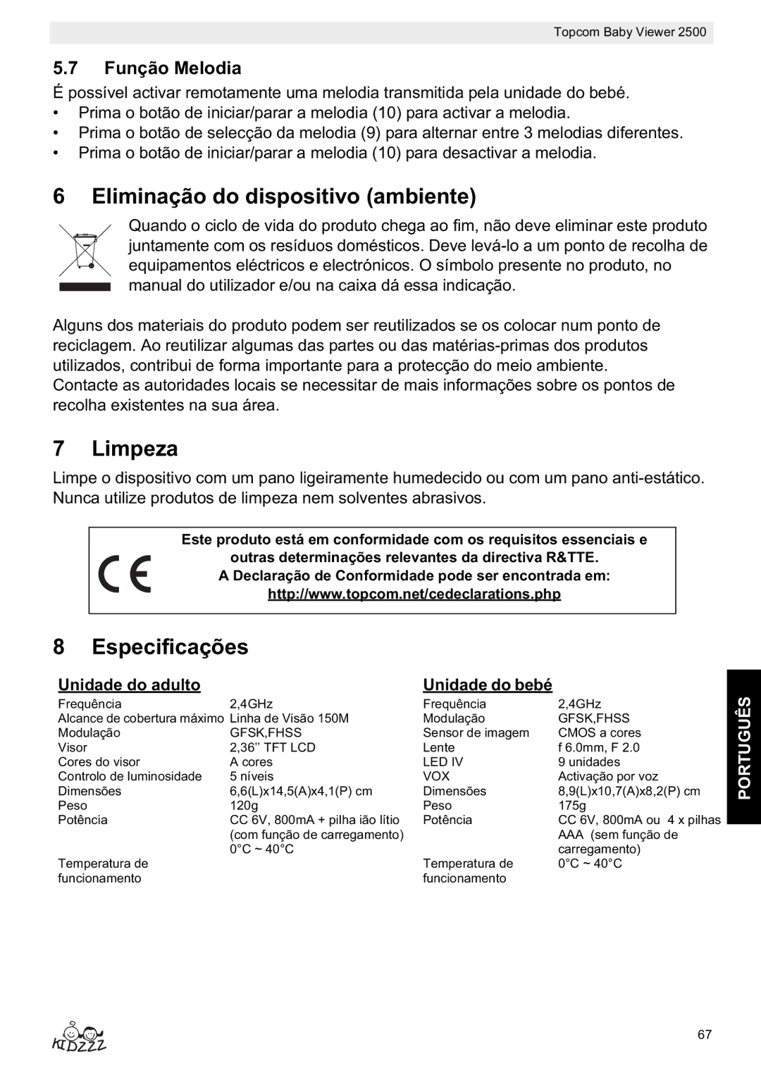 Topcom 2500 Eliminação do dispositivo ambiente, Limpeza, Especificações, Função Melodia, Unidade do adulto Unidade do bebé 