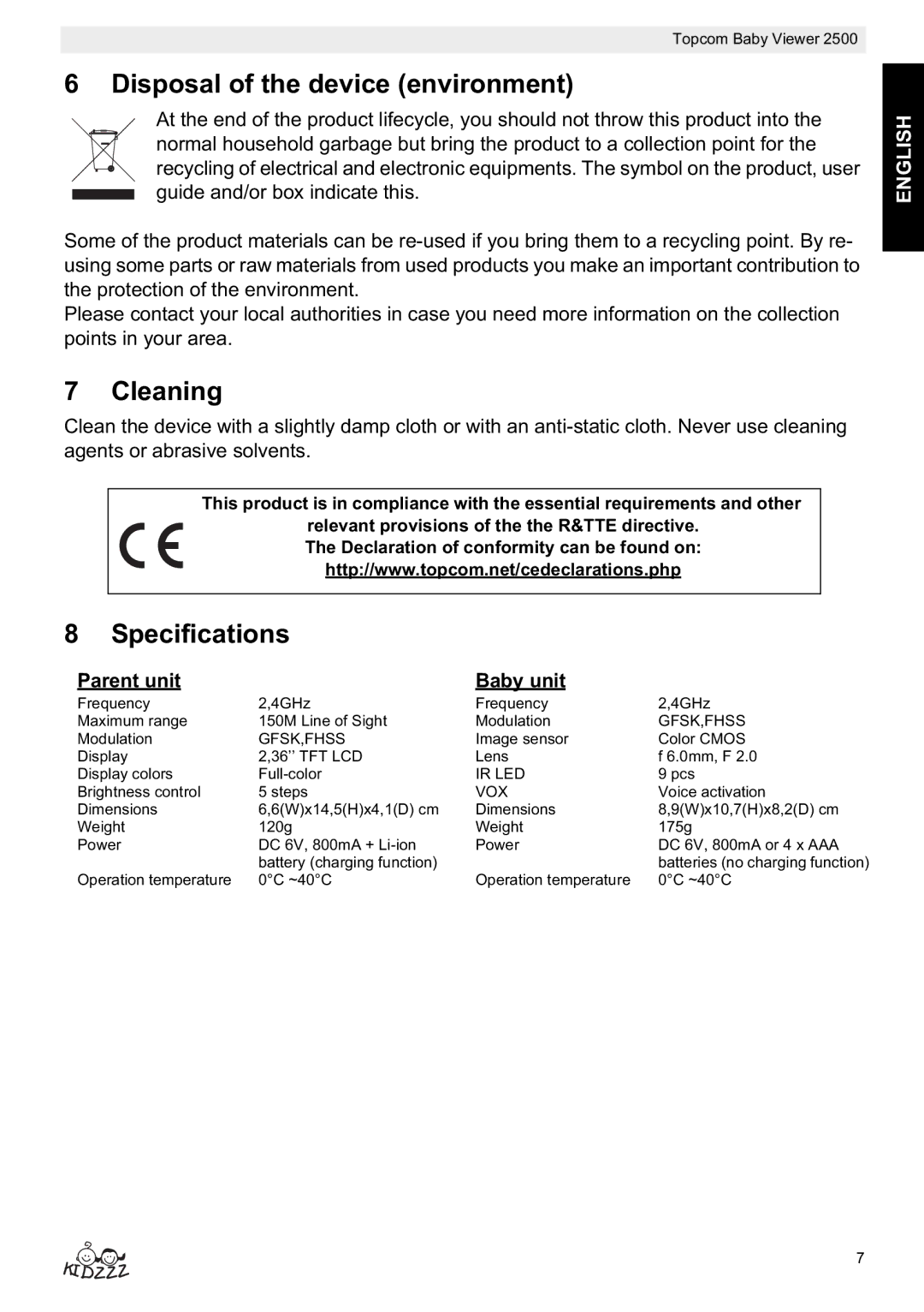 Topcom 2500 manual do utilizador Disposal of the device environment, Cleaning, Specifications, Parent unit Baby unit 