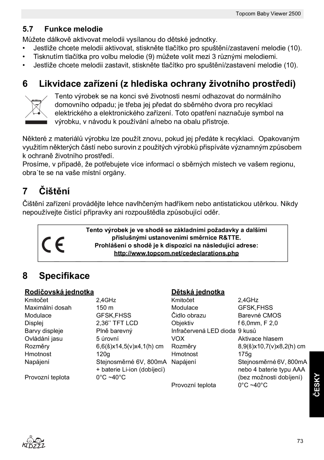 Topcom 2500 manual do utilizador Likvidace za, Išt, Specifikace, Funkce melodie, Rodiá jednotka Dtská jednotka 