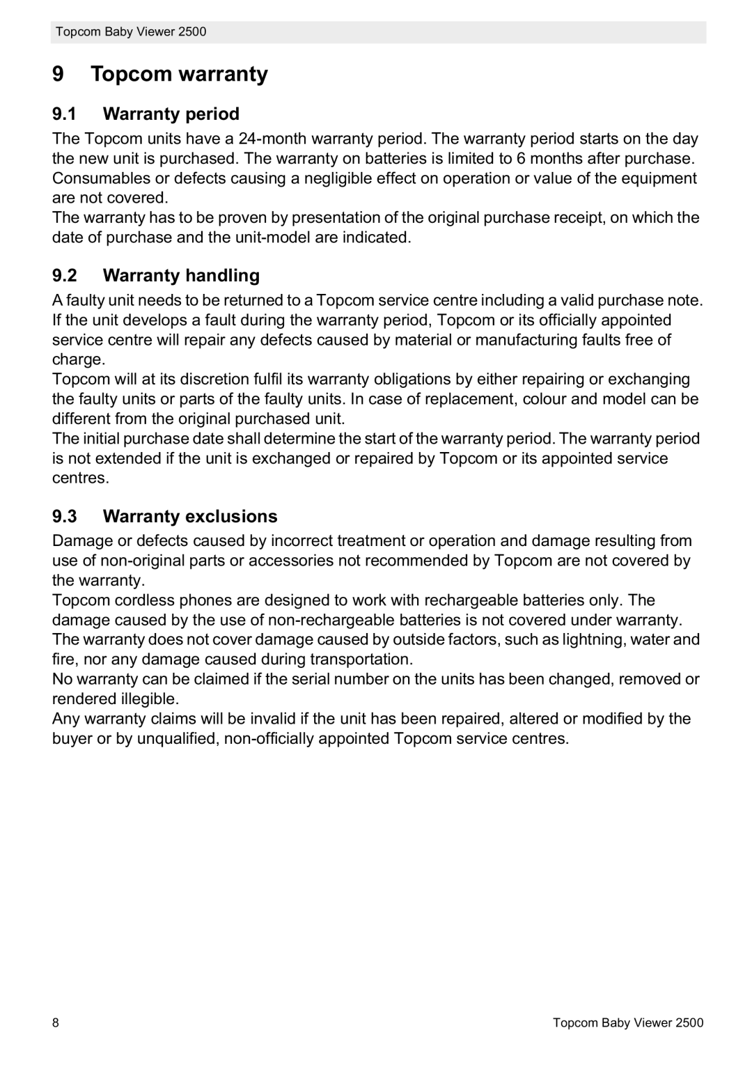 Topcom 2500 manual do utilizador Topcom warranty, Warranty period, Warranty handling, Warranty exclusions 