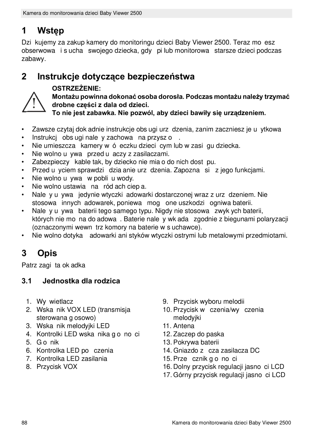 Topcom 2500 manual do utilizador Wstp, Instrukcje dotycz, Opis, Jednostka dla rodzica, Ostrze 