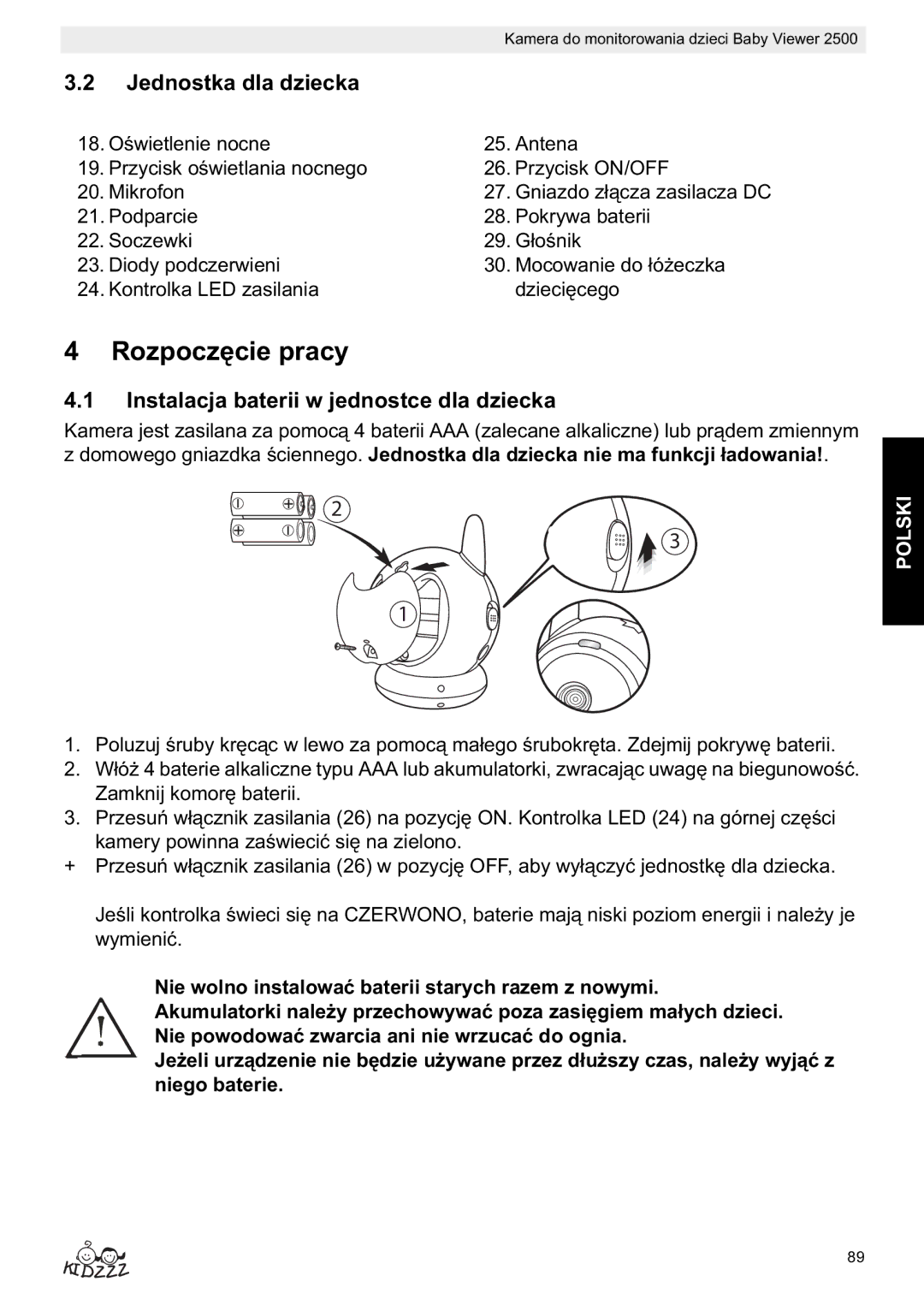 Topcom 2500 manual do utilizador Rozpocz, Jednostka dla dziecka, Instalacja baterii w jednostce dla dziecka 