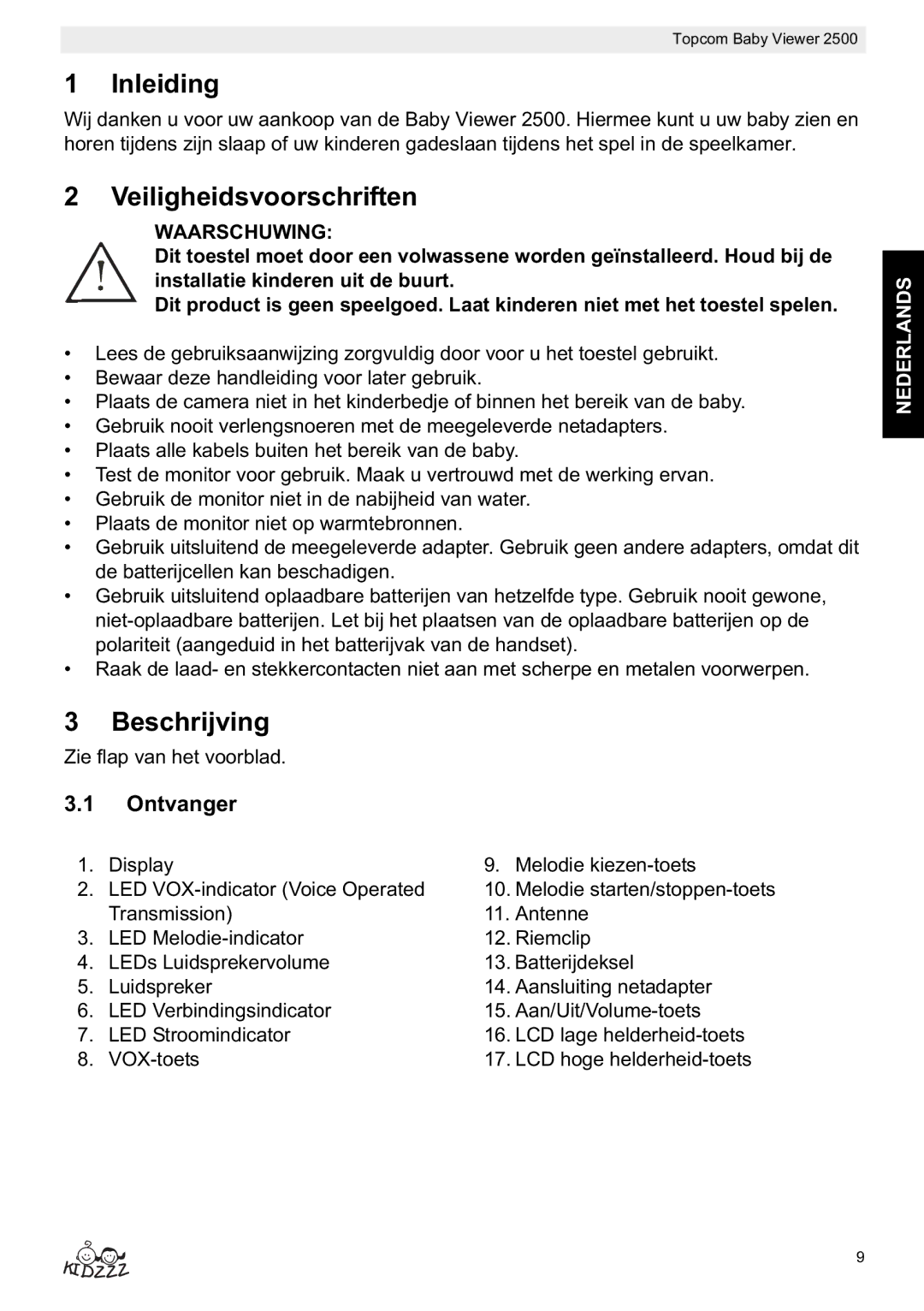 Topcom 2500 manual do utilizador Inleiding, Veiligheidsvoorschriften, Beschrijving, Ontvanger, Waarschuwing 