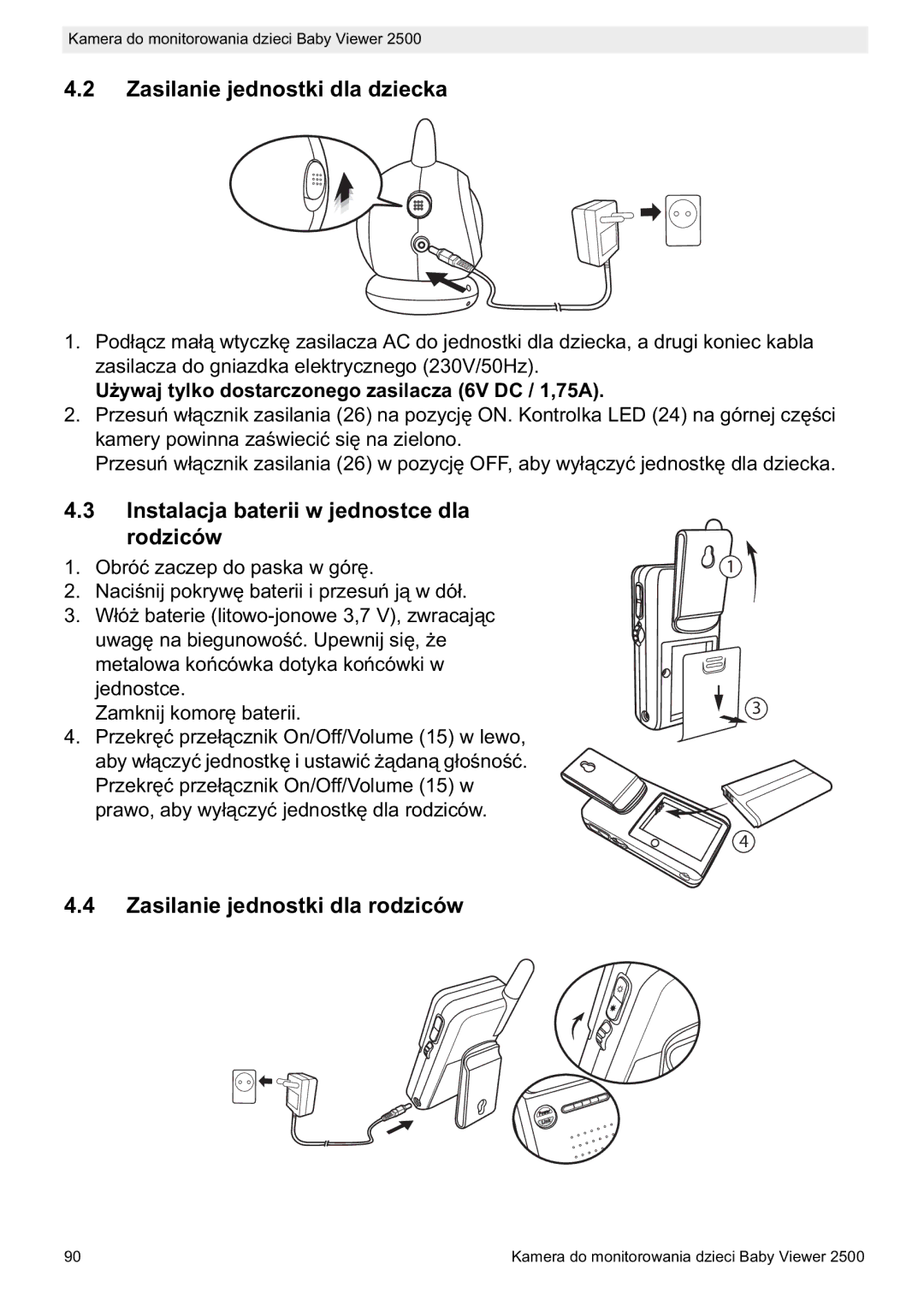 Topcom 2500 Zasilanie jednostki dla dziecka, Instalacja baterii w jednostce dla rodziców, Zasilanie jednostki dla rodziców 
