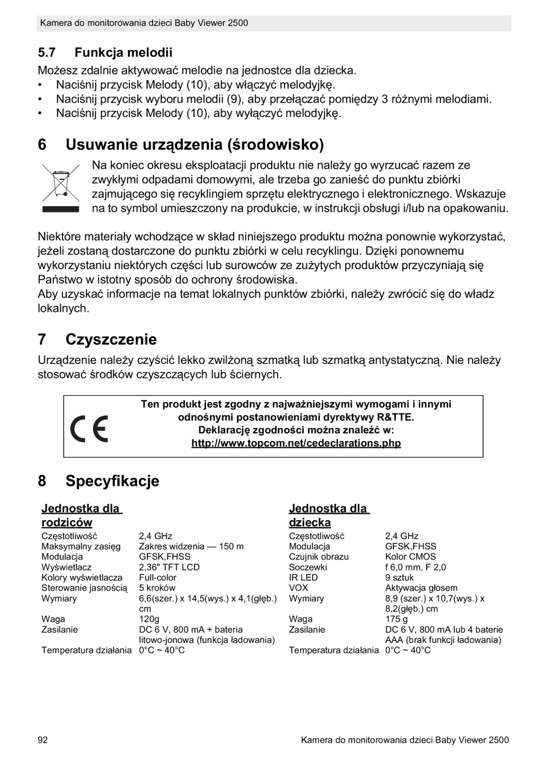 Topcom 2500 Usuwanie urzrodowisko, Czyszczenie, Specyfikacje, Funkcja melodii, Jednostka dla Rodziców Dziecka 