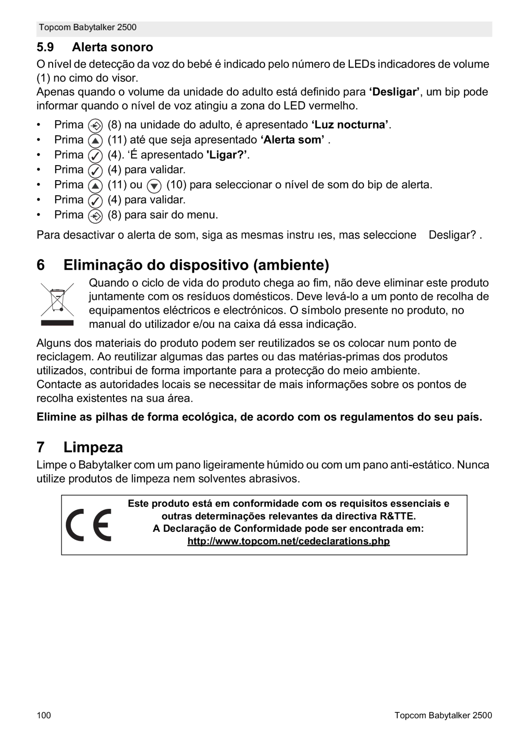 Topcom 2500 manual do utilizador Eliminação do dispositivo ambiente, Limpeza, Alerta sonoro 