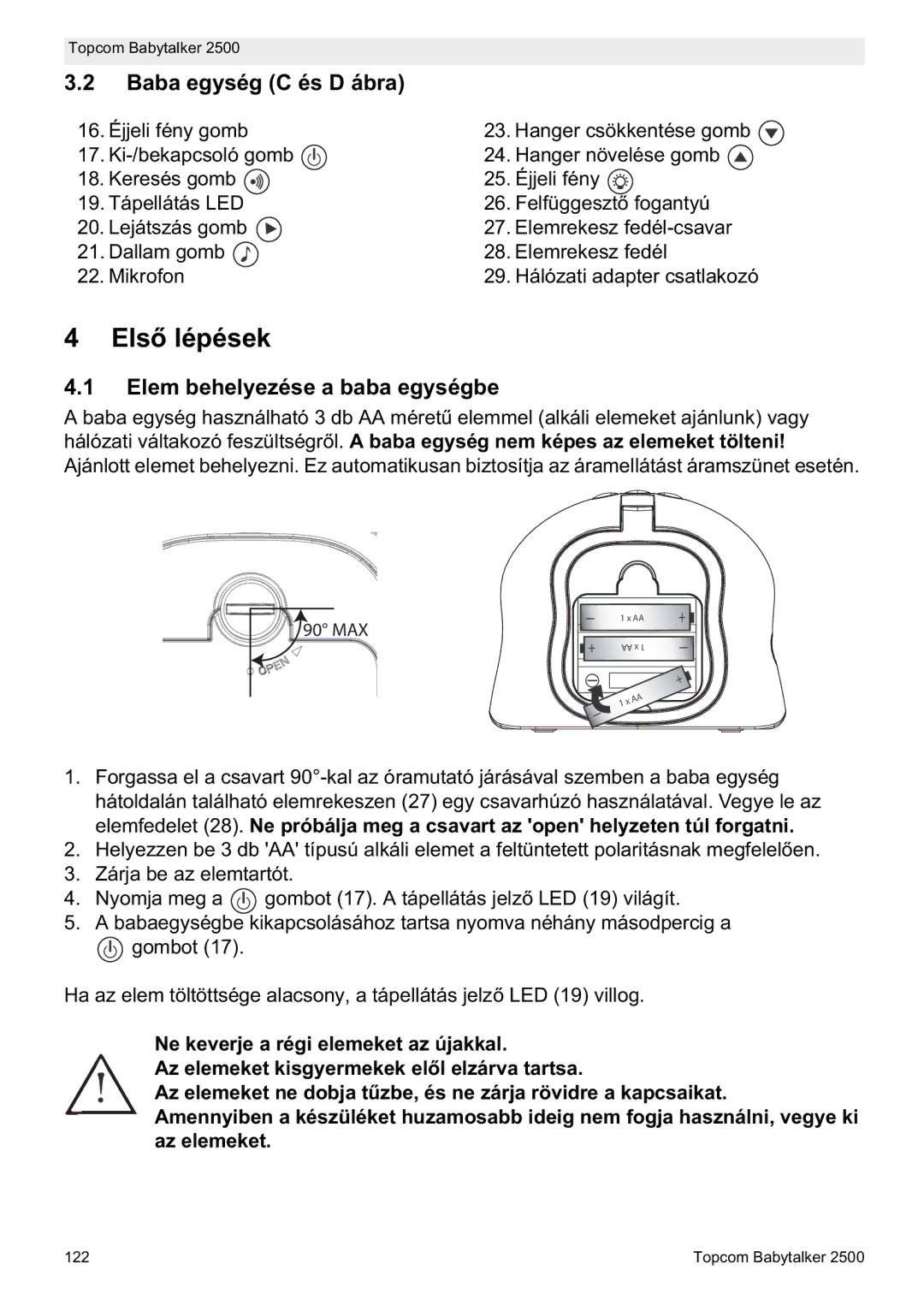 Topcom 2500 manual do utilizador Els, Baba egység C és D ábra, Elem behelyezése a baba egységbe 