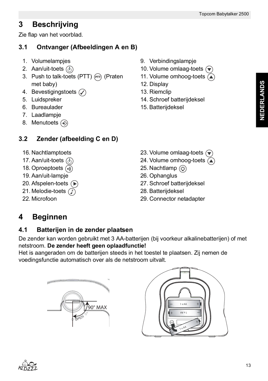 Topcom 2500 manual do utilizador Beschrijving, Beginnen, Ontvanger Afbeeldingen a en B, Zender afbeelding C en D 