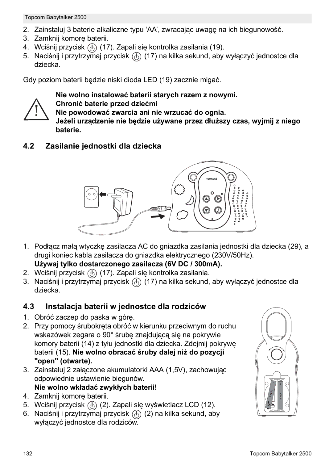 Topcom 2500 manual do utilizador Zasilanie jednostki dla dziecka, Instalacja baterii w jednostce dla rodziców 