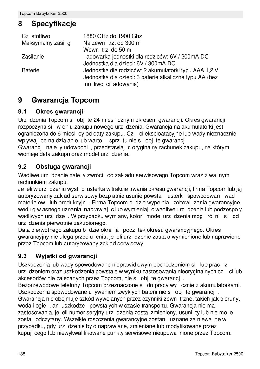 Topcom 2500 manual do utilizador Specyfikacje, Gwarancja Topcom, Okres gwarancji, Obs, Wyj 