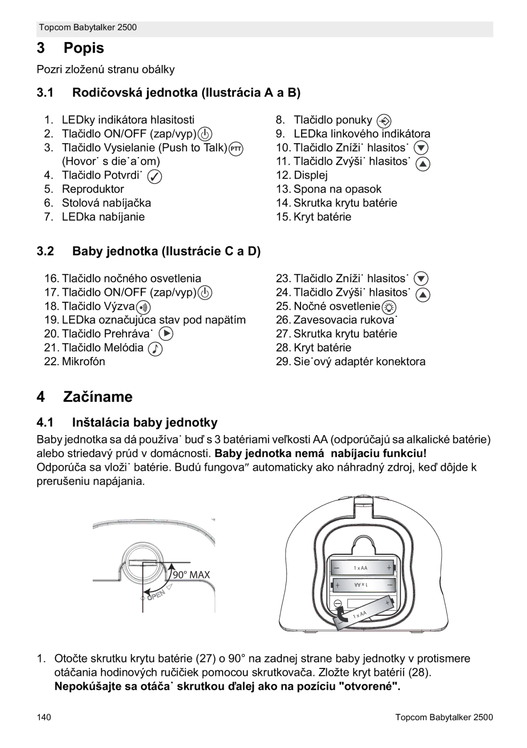 Topcom 2500 manual do utilizador Rodia a a B, Baby jednotka Ilustrácie C a D, Inštalácia baby jednotky 