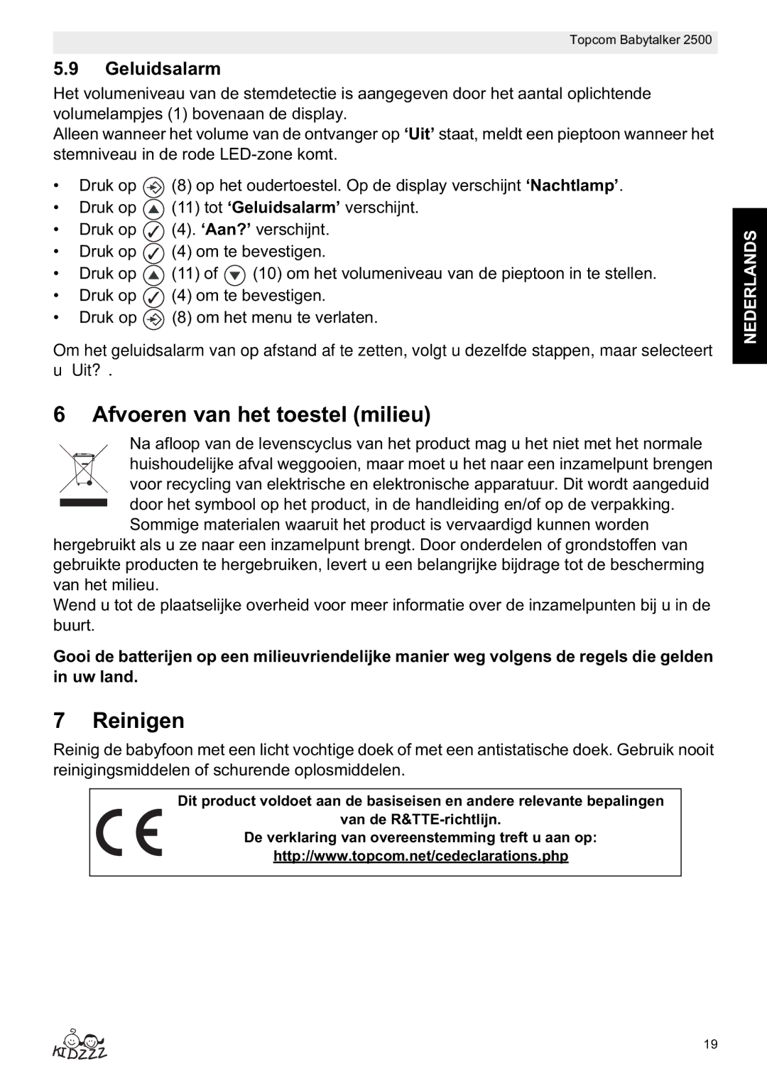 Topcom 2500 manual do utilizador Afvoeren van het toestel milieu, Reinigen, Geluidsalarm, ‘Uit?’ 