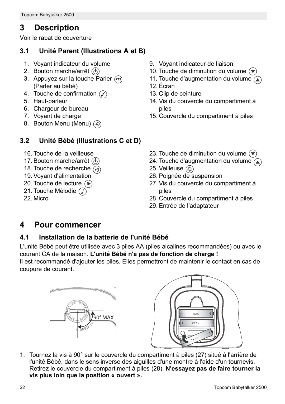 Topcom 2500 manual do utilizador Pour commencer, Unité Parent Illustrations a et B, Unité Bébé Illustrations C et D 