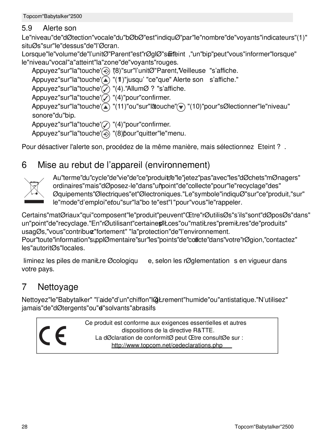 Topcom 2500 manual do utilizador Mise au rebut de lappareil environnement, Nettoyage, Alerte son 