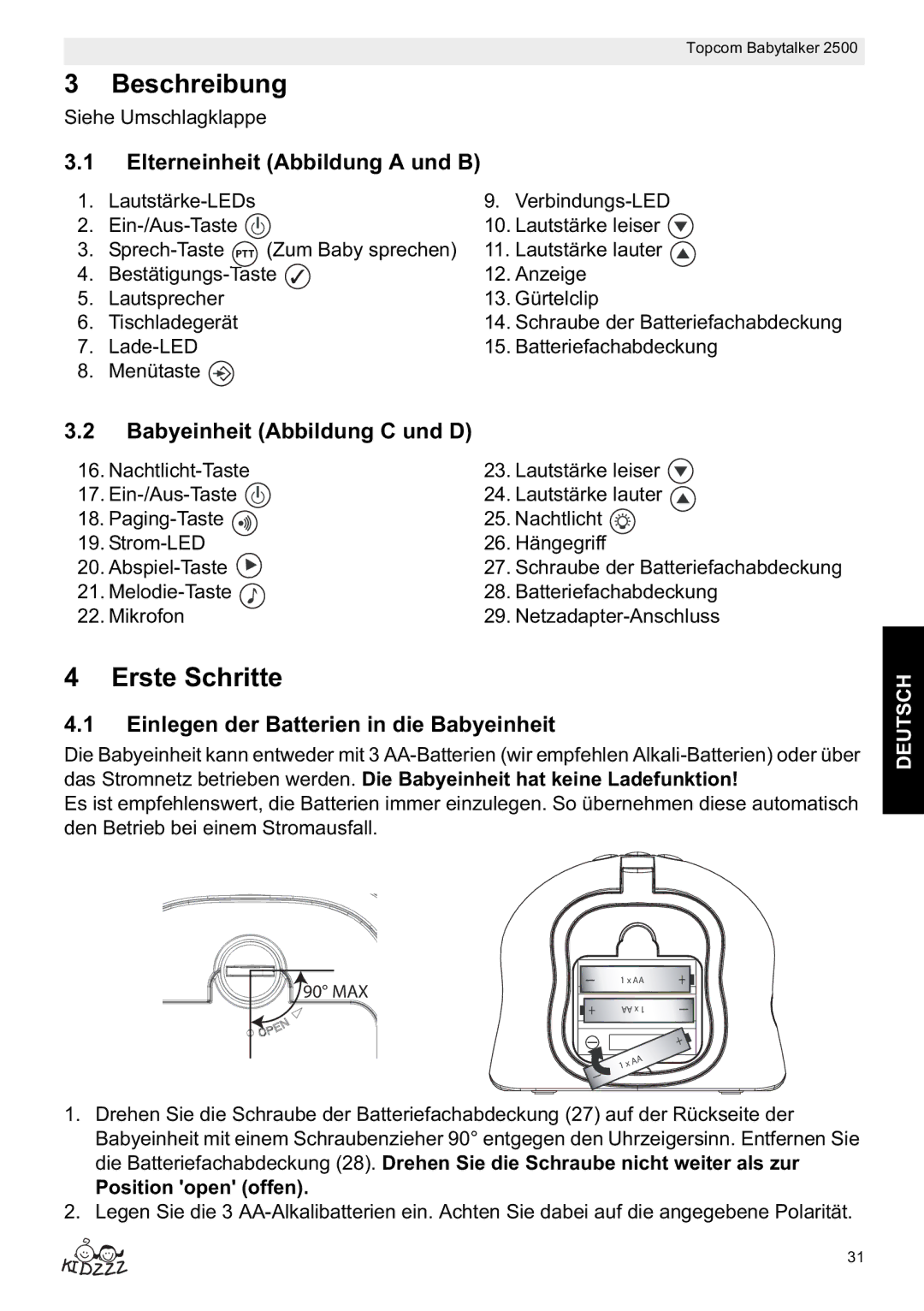 Topcom 2500 Beschreibung, Erste Schritte, Elterneinheit Abbildung a und B, Babyeinheit Abbildung C und D 