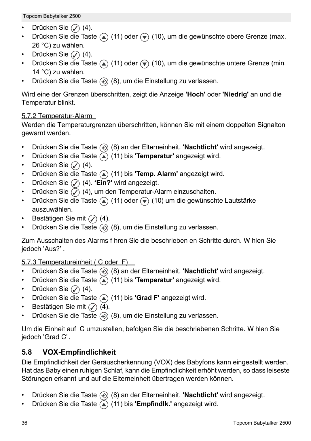 Topcom 2500 manual do utilizador VOX-Empfindlichkeit, Temperatur-Alarm, Temperatureinheit C oder F 