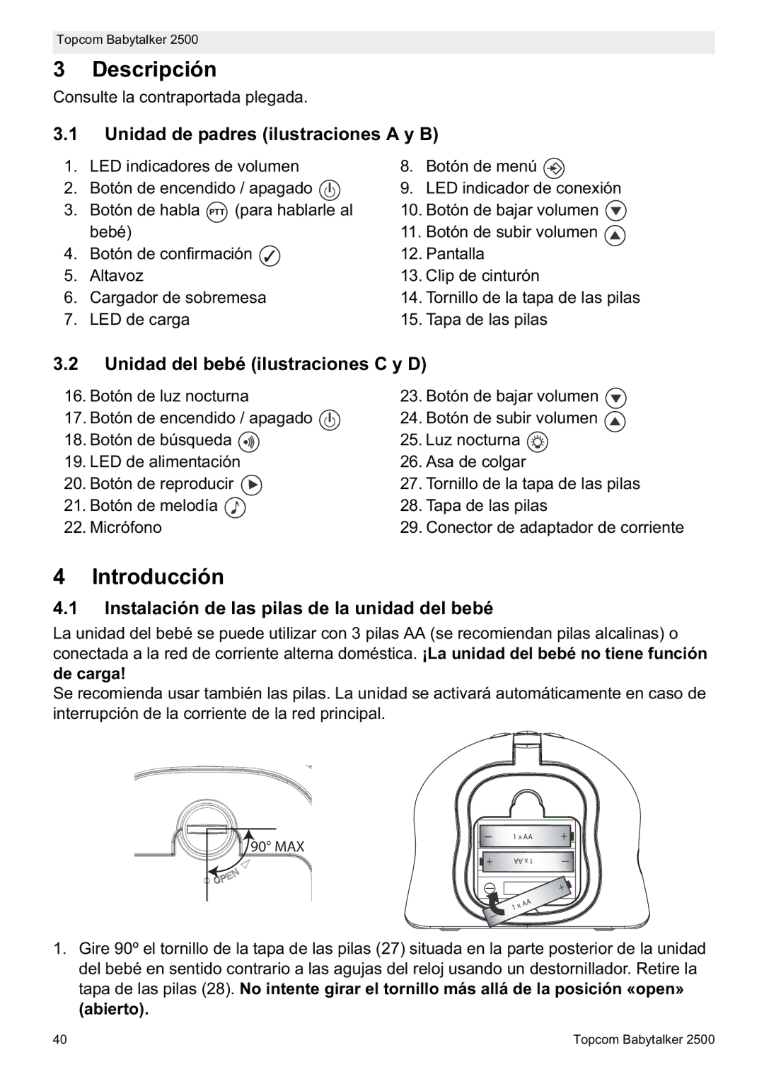 Topcom 2500 Descripción, Unidad de padres ilustraciones a y B, Unidad del bebé ilustraciones C y D, De carga 