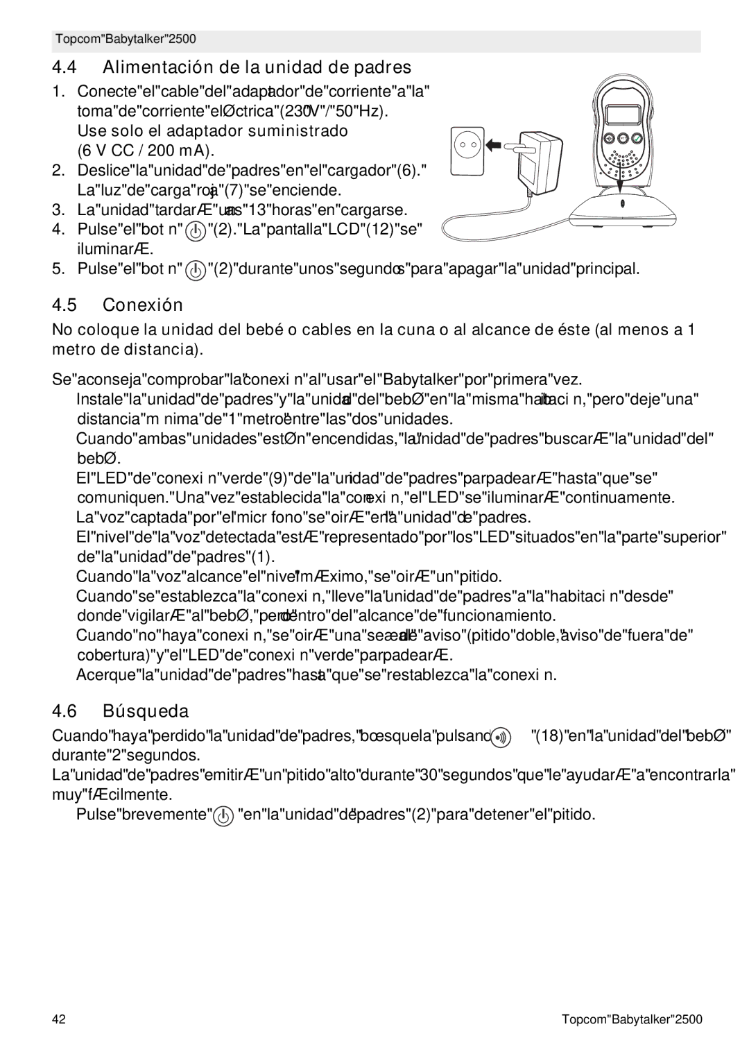 Topcom 2500 Alimentación de la unidad de padres, Conexión, Búsqueda, Use solo el adaptador suministrado 