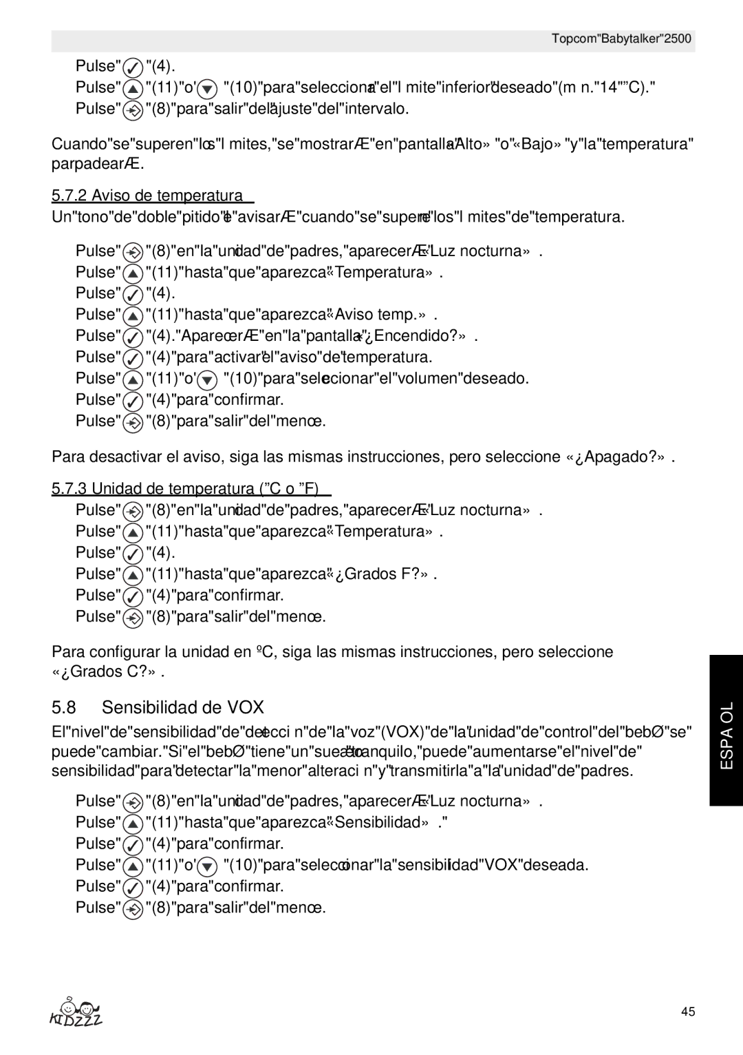 Topcom 2500 manual do utilizador Sensibilidad de VOX, Aviso de temperatura, Unidad de temperatura ºC o ºF 