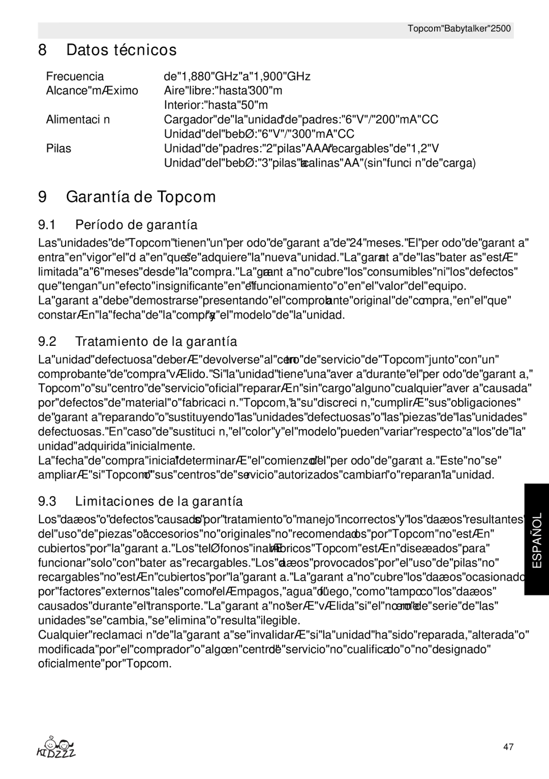 Topcom 2500 manual do utilizador Datos técnicos, Garantía de Topcom, Período de garantía, Tratamiento de la garantía 