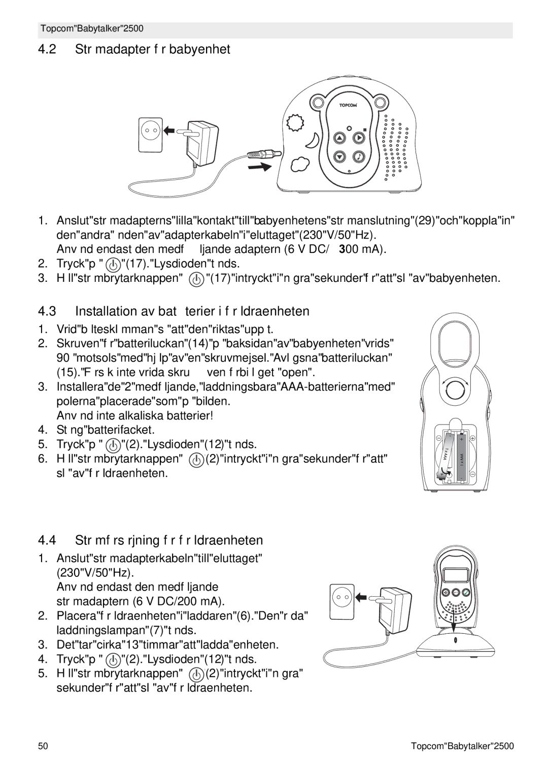 Topcom 2500 Strömadapter för babyenhet, Installation av batterier i föräldraenheten, Strömförsörjning för föräldraenheten 