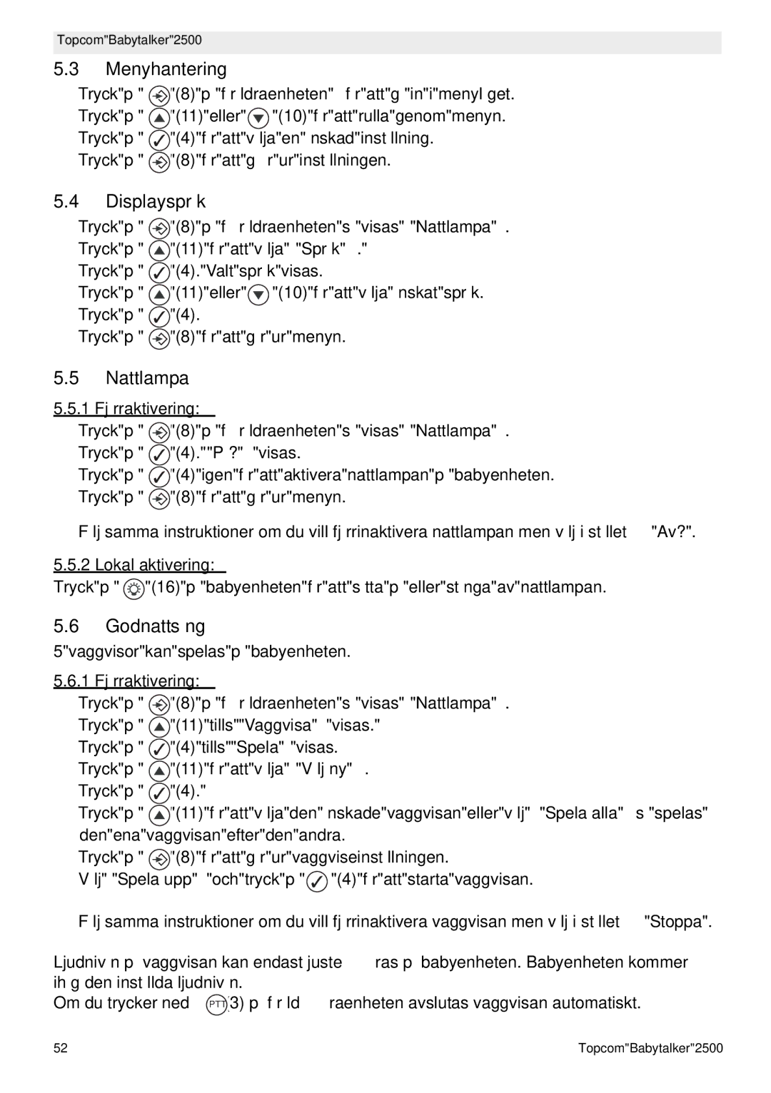 Topcom 2500 manual do utilizador Menyhantering, Displayspråk, Nattlampa, Godnattsång 