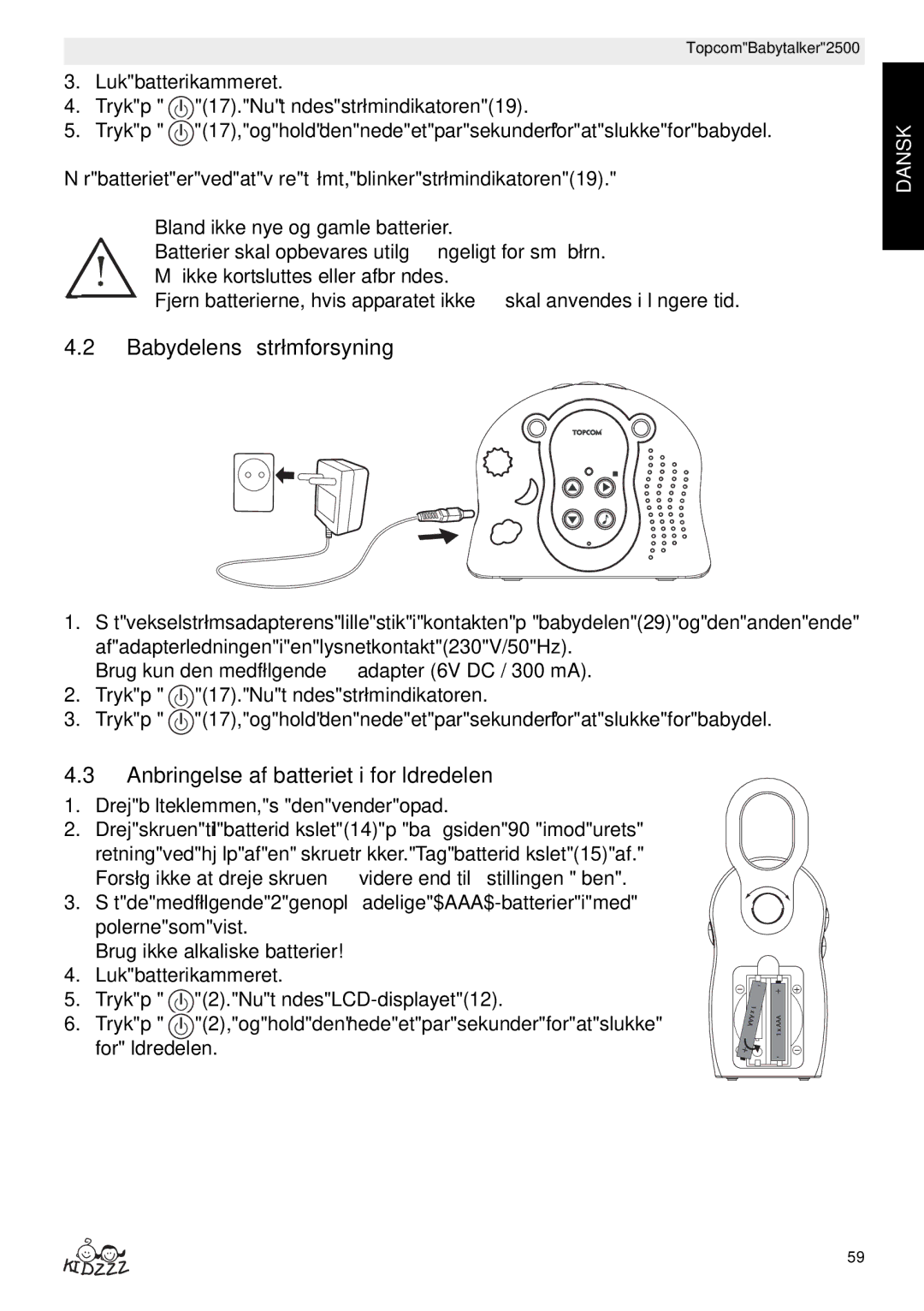 Topcom 2500 Babydelens strømforsyning, Anbringelse af batteriet i forældredelen, Brug ikke alkaliske batterier 