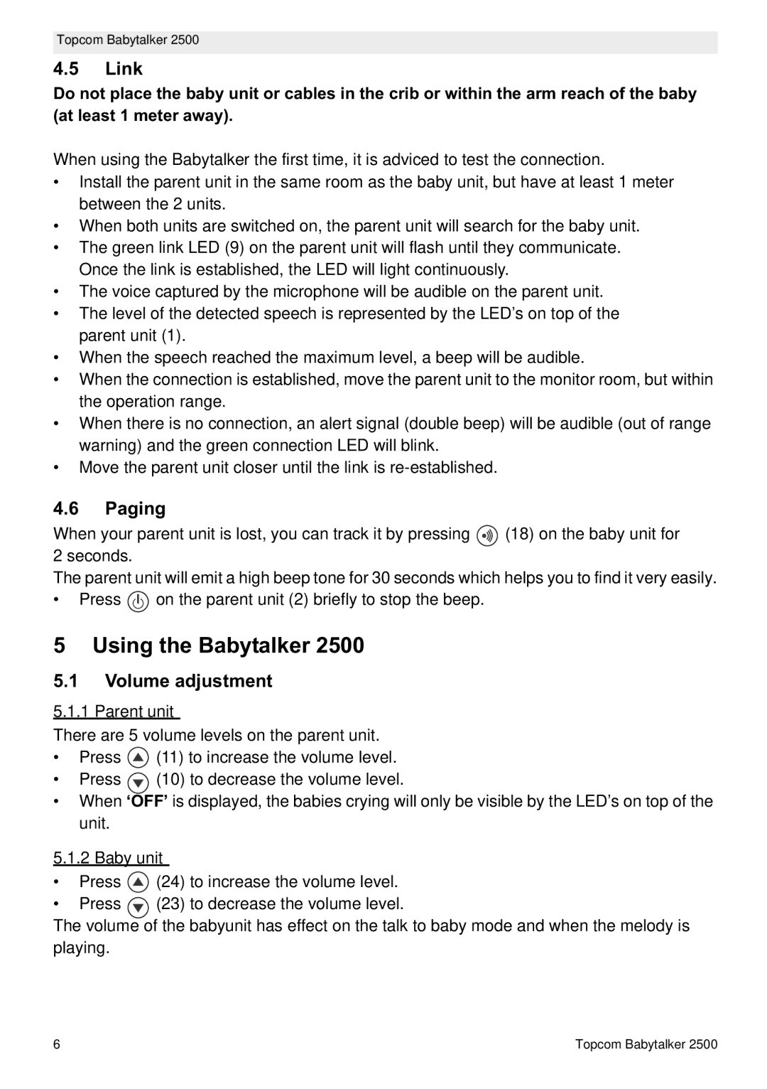 Topcom 2500 manual do utilizador Using the Babytalker, Link, Paging, Volume adjustment 
