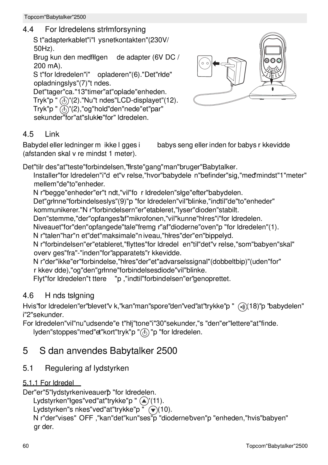 Topcom 2500 Sådan anvendes Babytalker, Forældredelens strømforsyning, Håndsætsøgning, Regulering af lydstyrken 