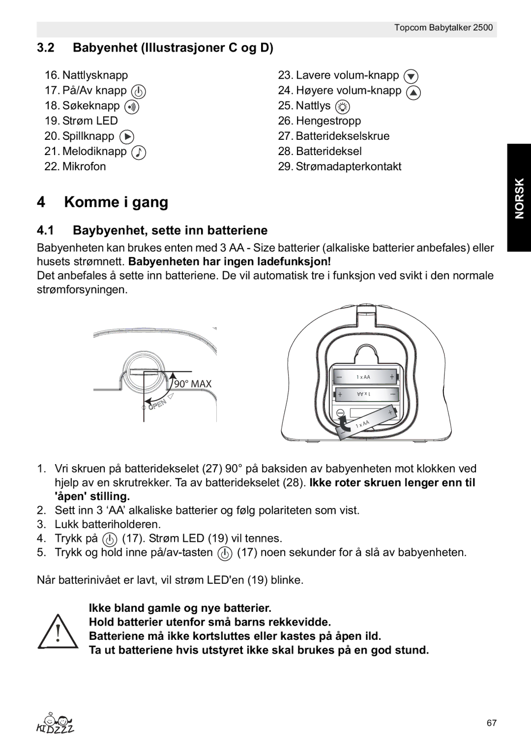 Topcom 2500 manual do utilizador Komme i gang, Babyenhet Illustrasjoner C og D, Baybyenhet, sette inn batteriene 