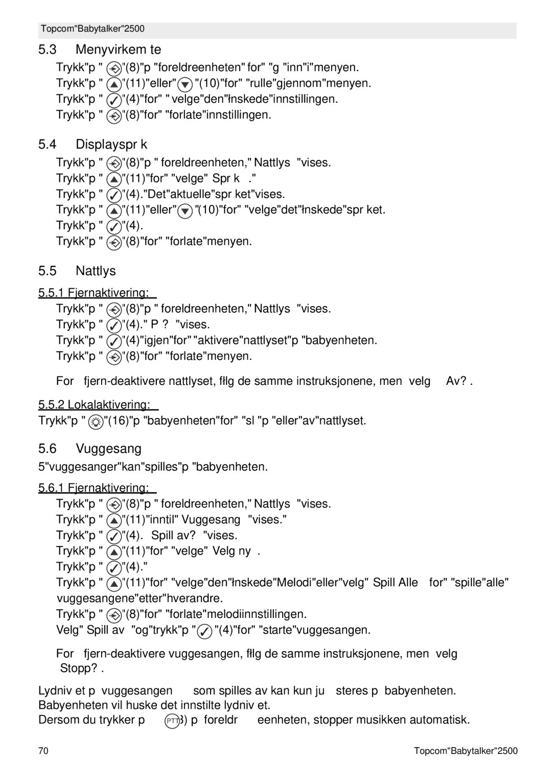 Topcom 2500 manual do utilizador Menyvirkemåte, Nattlys, Vuggesang 