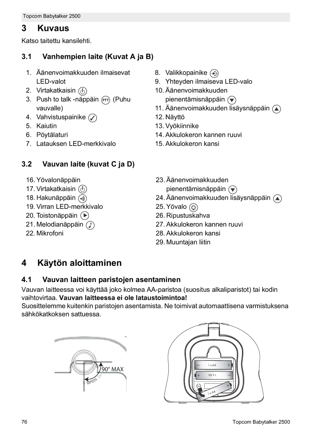 Topcom 2500 manual do utilizador Kuvaus, Käytön aloittaminen, Vanhempien laite Kuvat a ja B, Vauvan laite kuvat C ja D 