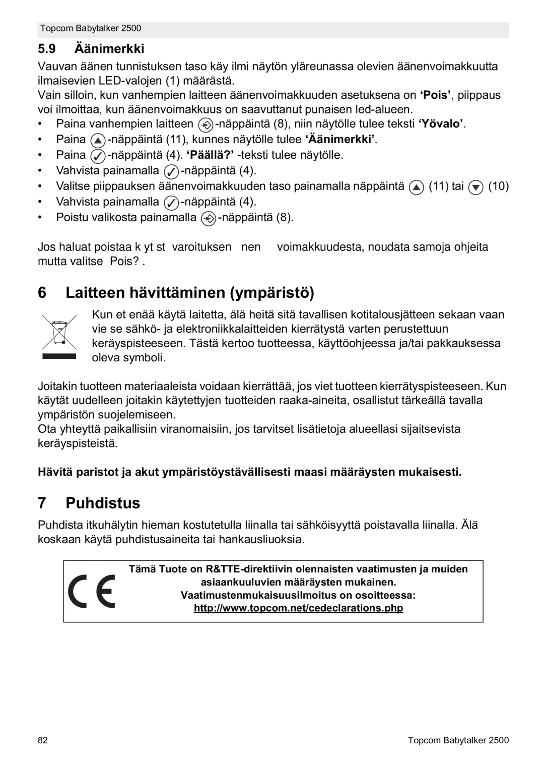 Topcom 2500 manual do utilizador Laitteen hävittäminen ympäristö, Puhdistus, Äänimerkki 