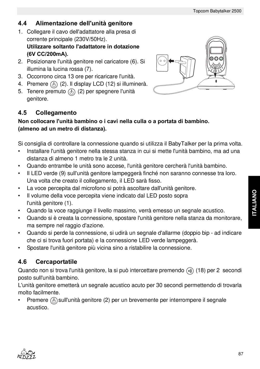 Topcom 2500 manual do utilizador Alimentazione dellunità genitore, Collegamento, Cercaportatile 