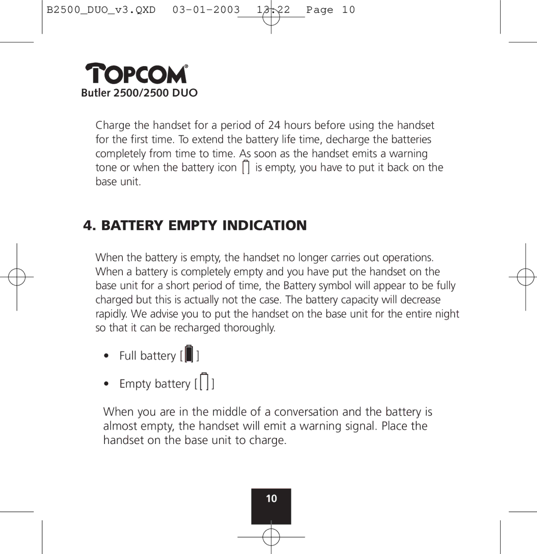 Topcom 2500 manual Battery Empty Indication 