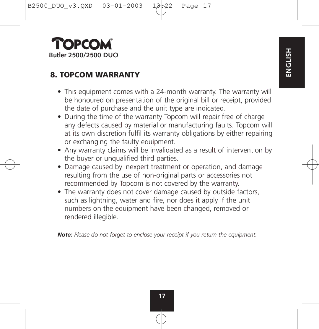 Topcom 2500 manual Topcom Warranty 