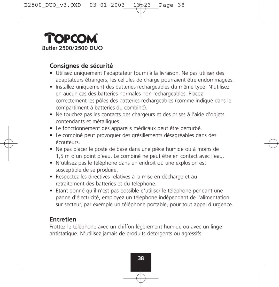 Topcom manual Butler 2500/2500 DUO Consignes de sécurité, Entretien 