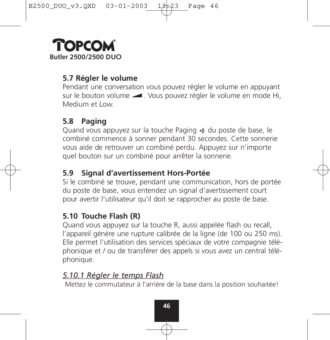 Topcom 2500 manual Régler le volume, Signal d’avertissement Hors-Portée, Touche Flash R 